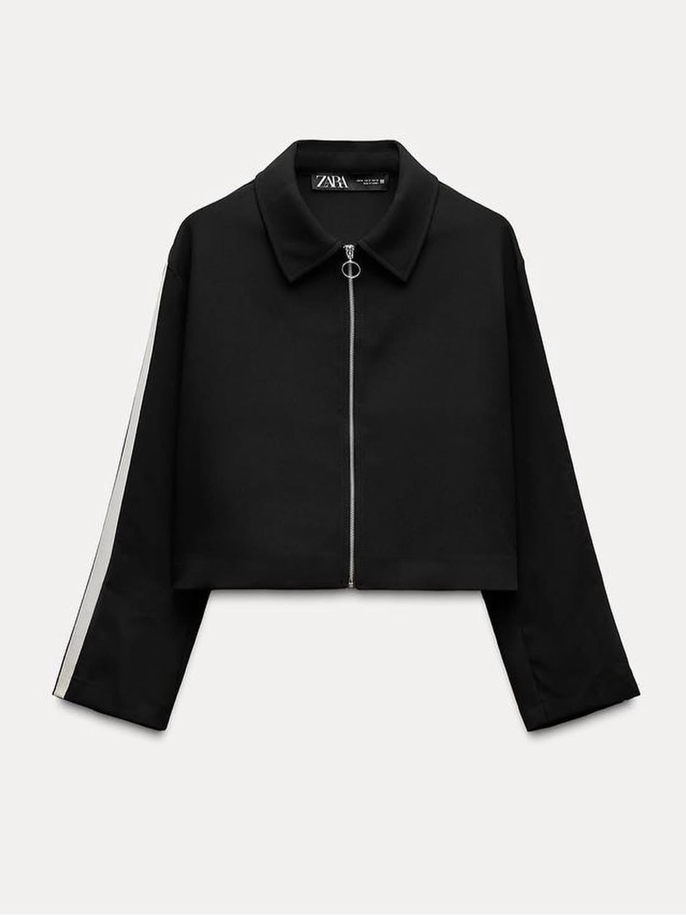 ZARA Black Cropped Bomber Jacket with White Side Stripe